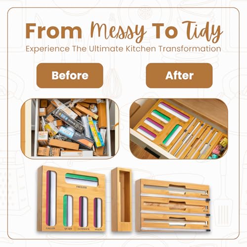9-in-1 Kitchen Drawer Organizer for Food Storage & Wraps, Bamboo Dispenser with Cutter