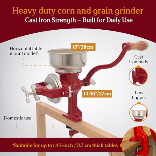 Manual Grain Mill for Corn Wheat & Spices - Cast Iron Food Grinder