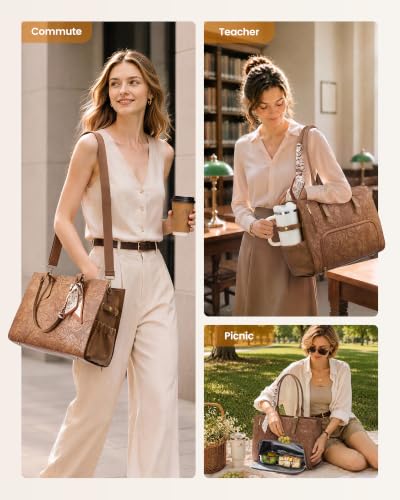 Retro Brown Embossed Work Tote Bag with Lunch Compartment for 15.6 Inch Laptop