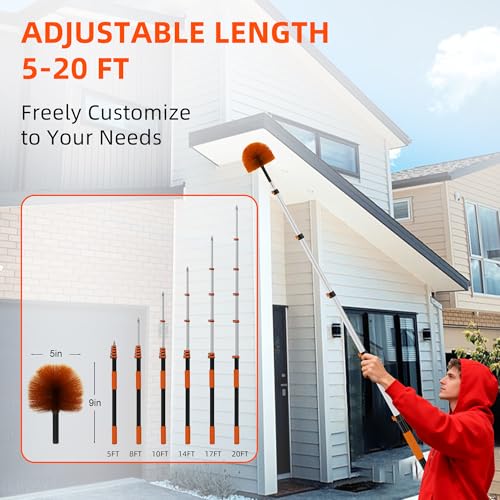 26 FT Reach Cobweb Duster with 5-20FT Telescoping Pole - Reusable & Washable for High Ceilings & Fans