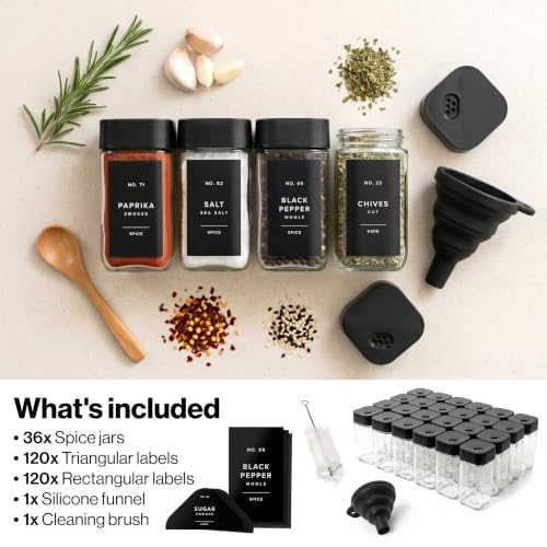 Glass Square Spice Jars with 3-Way Rotating Lids & Labels - 36 Pack, Black