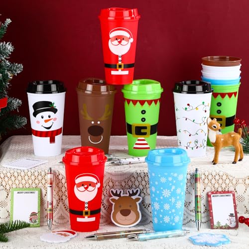 Skylety 72 Pack Christmas Coffee Cups with Lids, Holiday Gift Set, 16oz Plastic Mugs for Coworkers