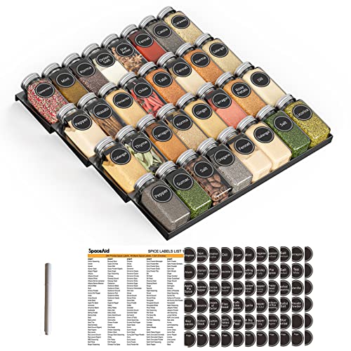 SpaceAid 32-Jar Spice Drawer Organizer Set with 386 Labels, 4-Tier Rack, 15" Wide