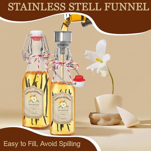 NVioAsport Square 8oz Glass Vanilla Extract Bottles 10 Pack with Lids & Funnel