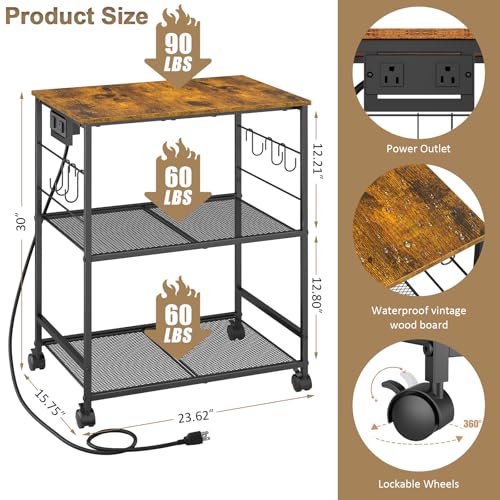 ThreeHio Brown Kitchen Microwave Cart with Power Outlet, 3-Tier Utility Storage