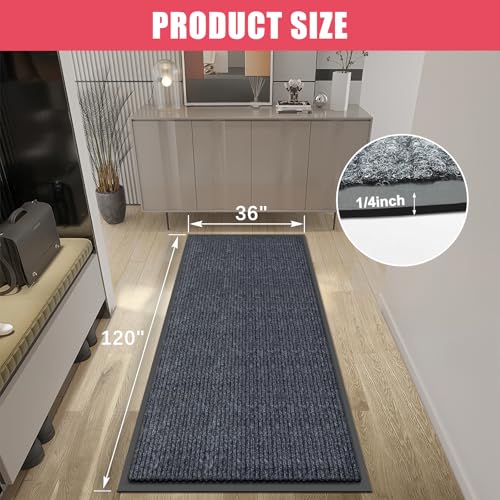 36 x 120 Inch Indoor Outdoor Entrance Door Mat - Non-Slip, Dust & Moisture Absorbing, Gray