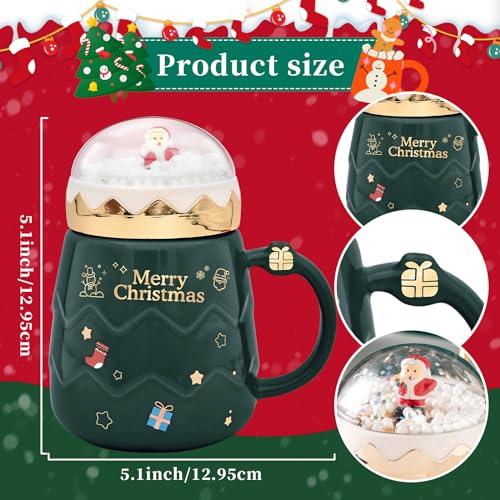 Peclek Green 17.6 oz Christmas Mug with Snow Globe Lid - Festive Ceramic Coffee Cup