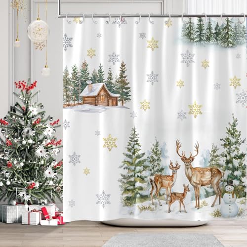 White Christmas Shower Curtain 71x71 Inch Winter Snowman Pine Deer Holiday Decor with Hooks