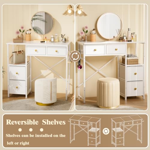3IngSeagulls Small White Vanity Desk with 4 Fabric Drawers, Reversible Open Shelf, No Mirror