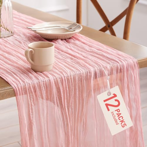 Pureegg Dusty Pink Cheesecloth Table Runner 120 Inch, 12 Pack for Wedding & Event Decor