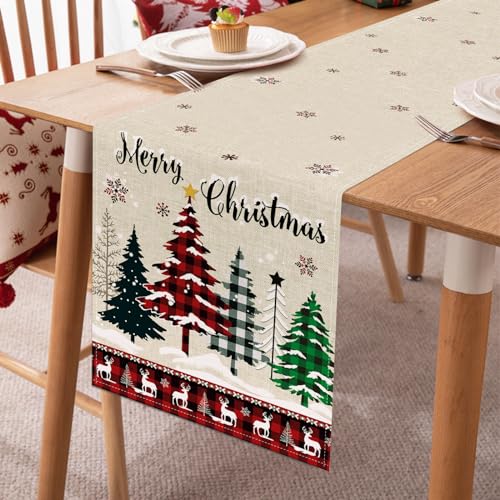 Bonhause Merry Christmas Trees Buffalo Plaid Table Runner 13x90in - Snowflake Deer Seasonal Holiday Decor