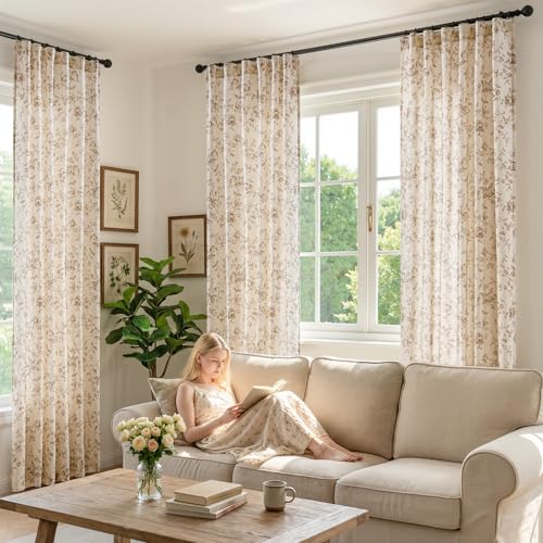 Amlie Taupe Linen Farmhouse Floral Curtains 84 Inch, 2 Panels, Rod Pocket - Pack of 2