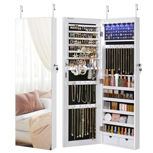 White 42.5-Inch Jewelry Cabinet Armoire with LED Lights, Wall or Door Mountable