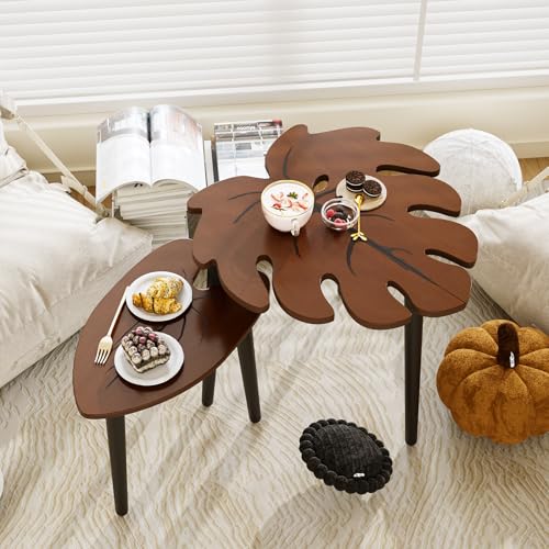 BAMEOS Monstera Leaf Nesting Tables Set of 2, Small Side f with Vein