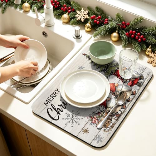 Absorbent Gnome Christmas Dish Drying Mat – Cuttable Countertop Drainer, 15.7x23.6 in, with Non-Slip Backing (Gnome Variant)