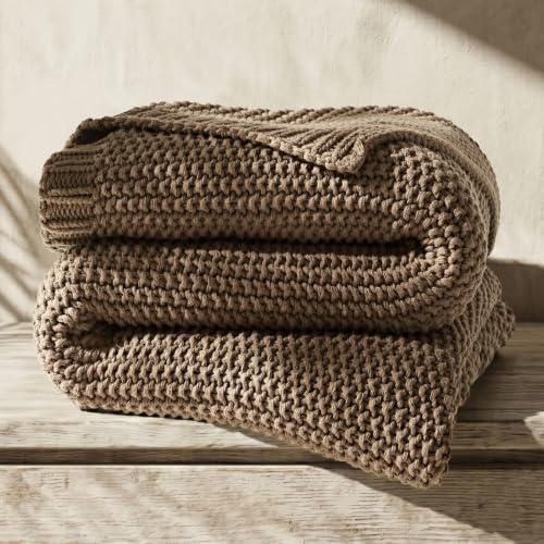 EverGrace Organic Cotton Chunky Knit Throw Blanket 50 x 60 Stone Taupe