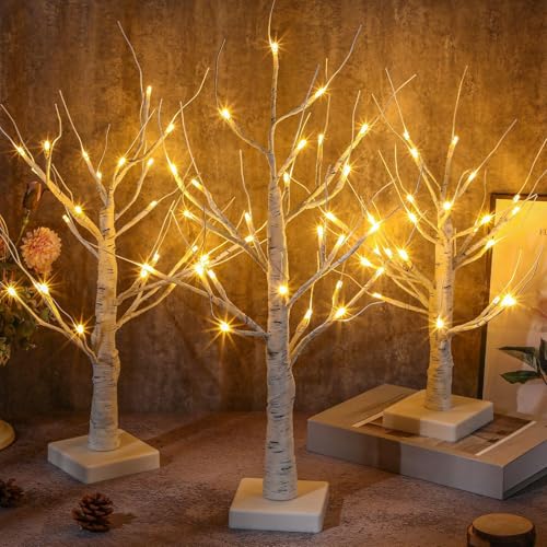VIHOSE 3 Pcs Lighted Birch Tree Indoor Decor Set White Variation - 18/20/24 in