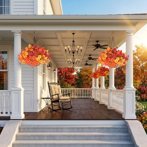 Artificial Fall Hanging Basket Set with 24 Petunias - Orange, Outdoor Decor