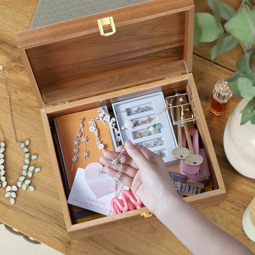 DRASTAR Large Acacia Wooden Keepsake Box with Lock – Memory & Photo Storage