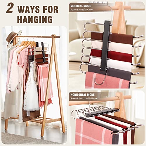 HUITEM 4 Pack Black 6-Tier Space Saving Pants Hangers - Anti-Slip Stainless Steel
