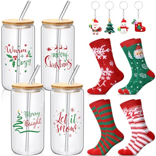 Tioncy Classic Christmas Glasses Set 16oz with Keychains & Socks - Holiday Favors