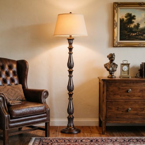 Dark Brown Vintage Floor Lamp with Linen Shade - Antique Tall Standing Lamp for Living Room & Bedroom