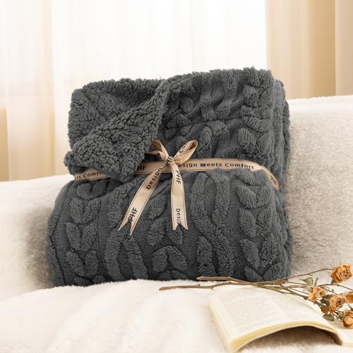 Queen Size Fluffy Sherpa Blanket Dark Grey 90x90 Winter Warm Soft 3D Jacquard