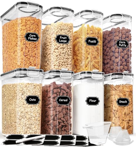 HKJ Chef 8 Pack 4L Airtight Food Storage Cereal Containers with Labels & Pour Spouts