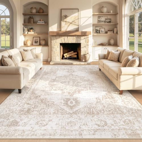 Zomfy 8x10 Beige Vintage Washable Area Rug - Distressed Indoor Floor Carpet
