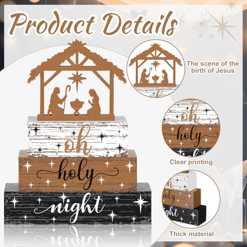Geelin 4 Pcs Christmas Nativity Wooden Signs - Oh Holy Night, Jesus Theme Decor Set