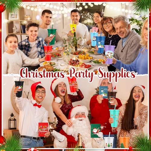Christmas Tumblers Gift Set with Snowflake & Tree Designs, 24 oz, Includes Lids & Straws, Reusable Plastic Cups, Holiday Party Favors