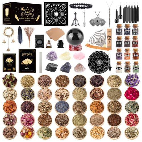 Protection Witchcraft Supplies Kit - 130 Pack with Herbs Crystals Candles for Beginners Black 130 Pack