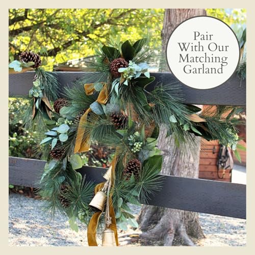 CG Hunter Magnolia Eucalyptus Pinecone Christmas Wreath 28" - Mixed Foliage Holiday Decor