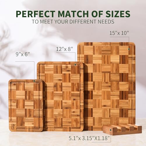 BAMBANG End Grain Bamboo Cutting Boards Set of 3 with Juice Groove & Stand