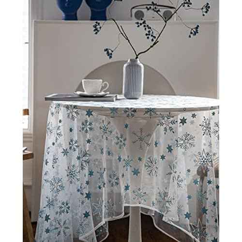 vctops Sparkling Snowflakes Lace Tablecloth Christmas Lace Table Cover Overlay for Party Wedding Kitchen Dining Home Decorations (Blue, 59"x59")
