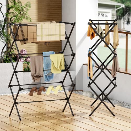 Foldable 3-Tier Clothes Drying Rack Black - Rust-Resistant Indoor & Outdoor Laundry Organizer