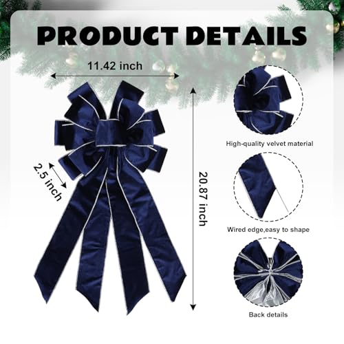 YKW Large Navy Blue Velvet Christmas Bow 20.87" x 11.42" with Silver Edge - Premium Winter Holiday Wreath Bow for Front Door, Tree Topper, Elegant Xmas Decorations