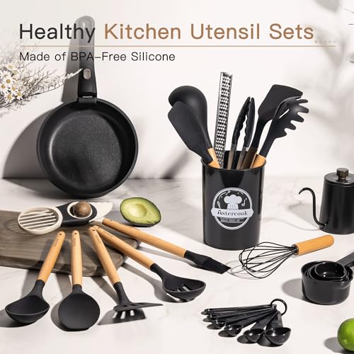 Black 39-Piece Silicone Kitchen Utensil Set with Wooden Handles, Heat-Resistant & BPA-Free