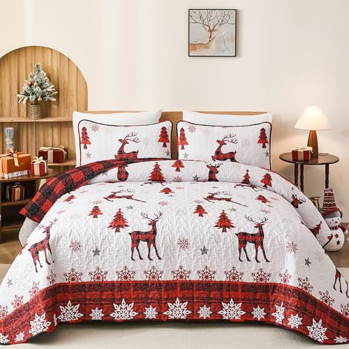 Dinjoy Christmas Quilt Set King Size Red Deer Plaid 3-Piece