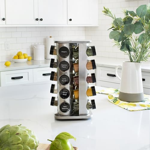 20-Jar Rotating Spice Rack with Spices Included Stainless Steel Countertop Organizer