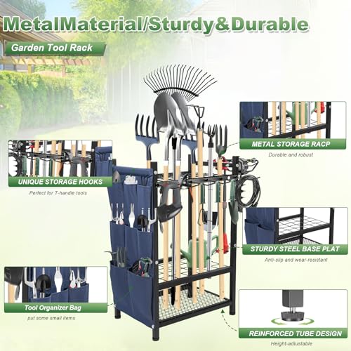 Garden Tool Organizer Rack with Hooks and Storage Bag - Metal Yard Storage for Garage, Shed, Patio