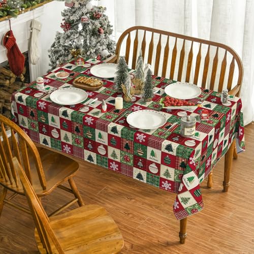 Horaldaily Christmas Tablecloth 60 x 120 Inch Rectangular Green Tree Snow - Red Variant