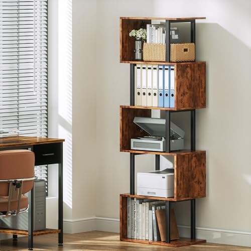 Furologee Rustic Brown 6-Tier S-Shaped Geometric Bookcase - Modern Storage Shelf