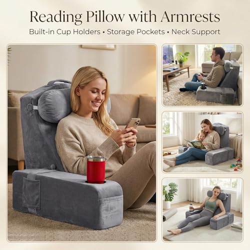 AS AWESLING 21 Inch Gray Reading Pillow with Detachable Arms & Built-in Cup Phone Caddy for Bed & Lounge
