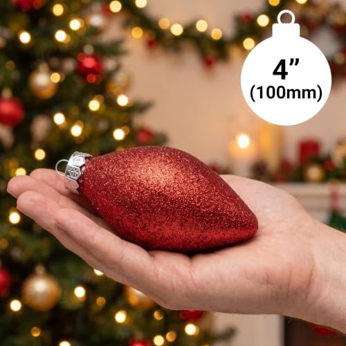 Sleetly 12-Pack Teardrop Christmas Ornaments 4in Red & Green Finials – Gold Lattice/Scroll/Swirl/Glitter