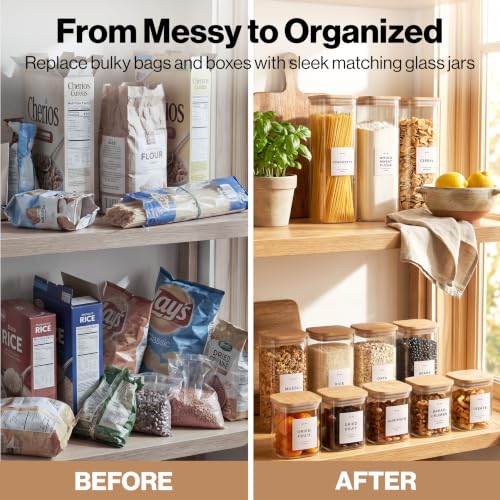 Glass Pantry Storage Jars Containers with Bamboo Lids and Labels -