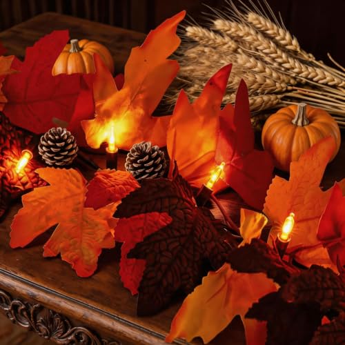 Efunly 9Ft 3-Pack LED Maple Leaf Garland with Timer & 8 Modes - Fall Halloween Decorations