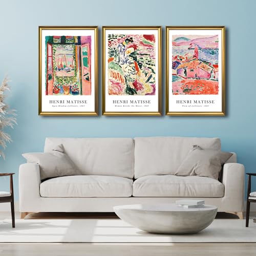 Wieco Art Framed 3-Piece Colorful Matisse Wall Art Set 16x24 inch with Bronze Gold Frames