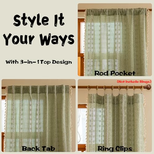 DreDecor 2-Piece Sage Green Sheer Curtains 50"W x 84"L Boho Farmhouse Style