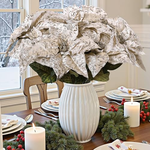 Poinsettia Artificial Flowers, 16-Piece 17in Glitter Christmas Bouquets for Indoor Outdoor Decor